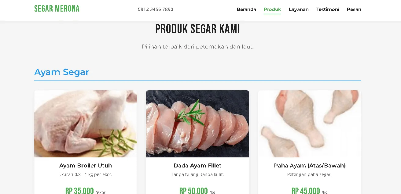 Contoh Website UMKM Ayam Potong